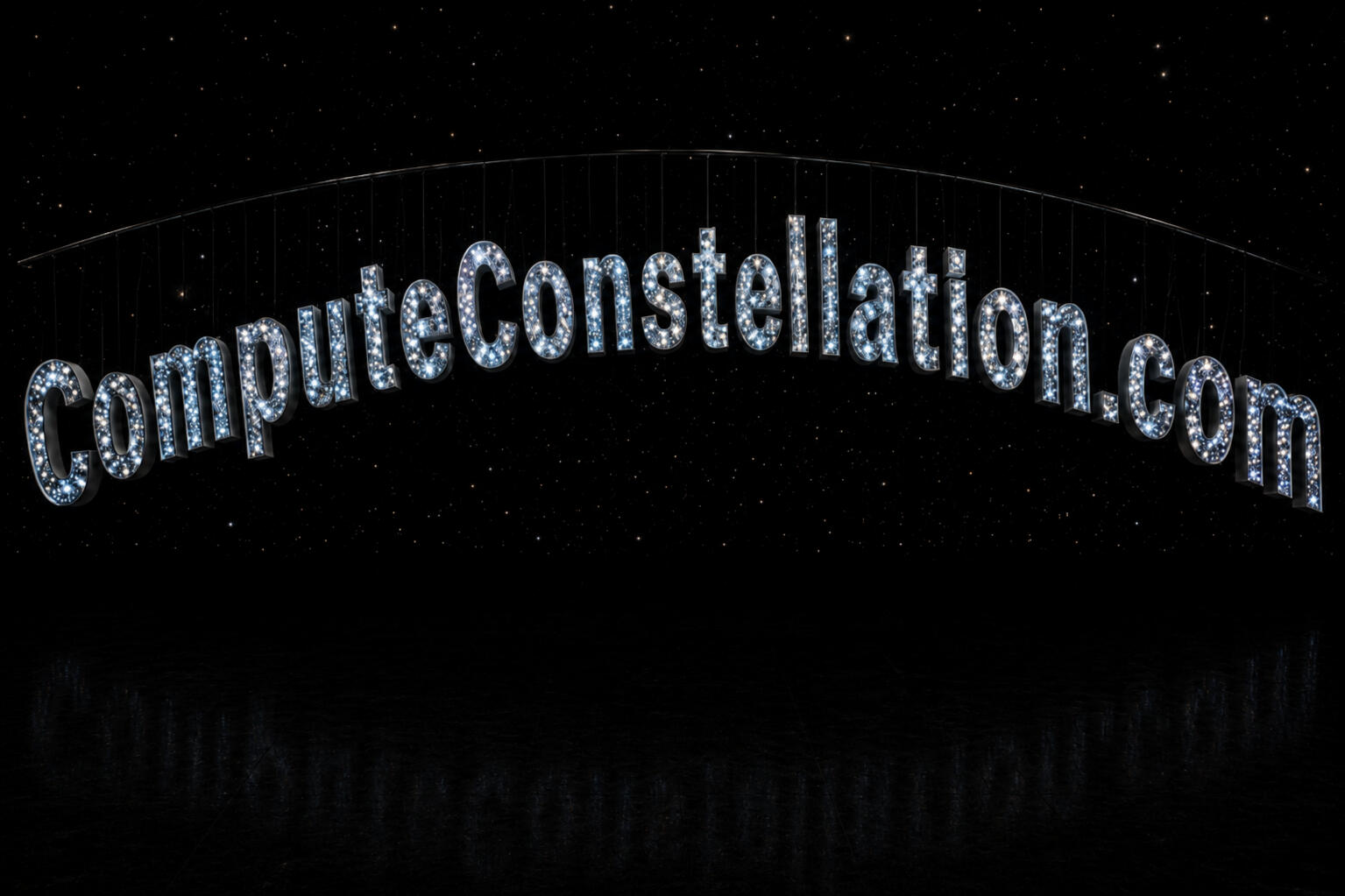 ComputeConstellation.com — letterforms filled with deep fields of stars, hung from a curved steel spine in a dark gallery, a faint second sky on the floor below.