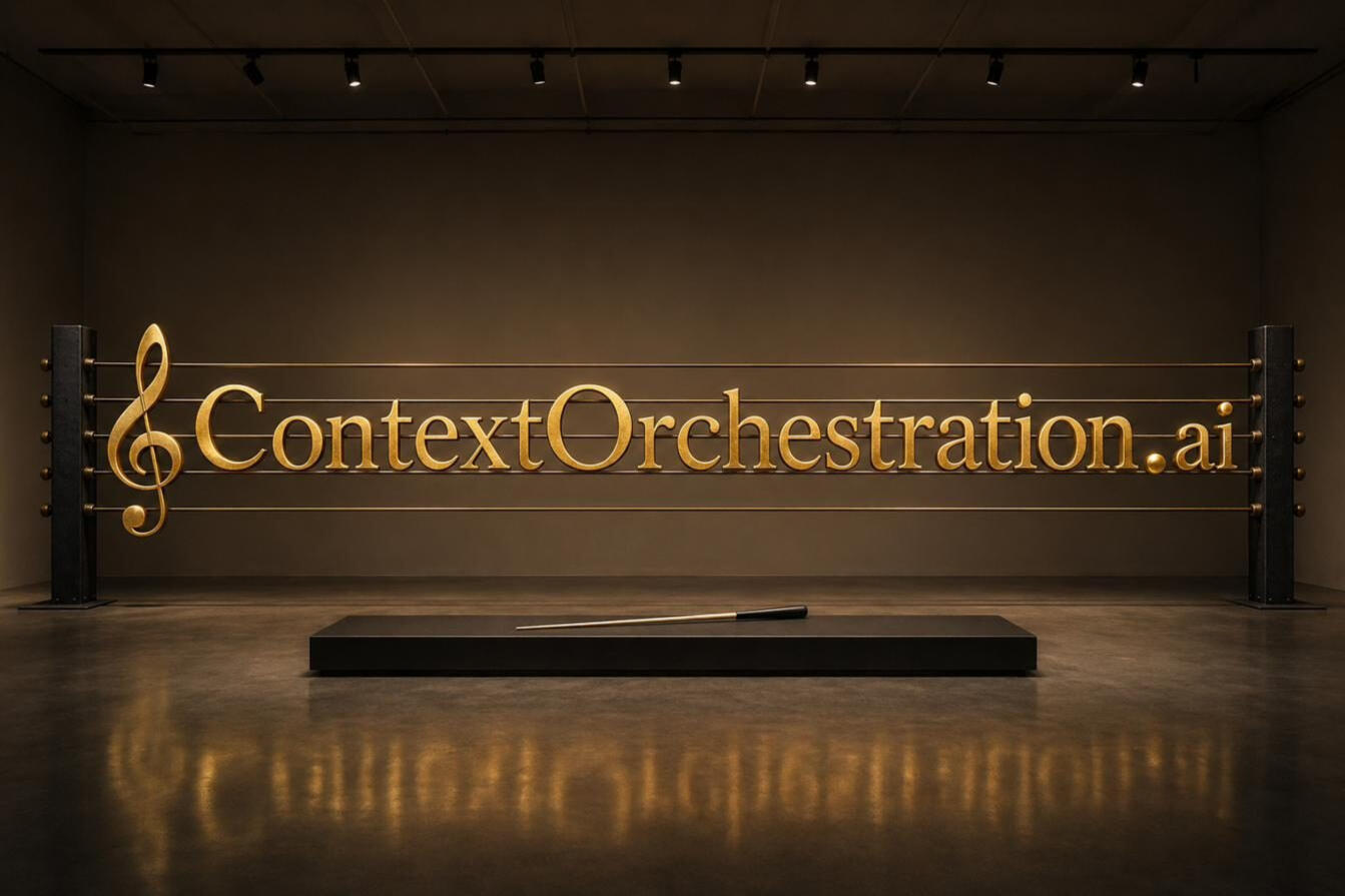 ContextOrchestration.ai — five taut brass wires strung between dark steel posts, polished gold letterforms mounted along the staff, a gold treble clef opening the line and a conductor's baton resting on a black podium below.