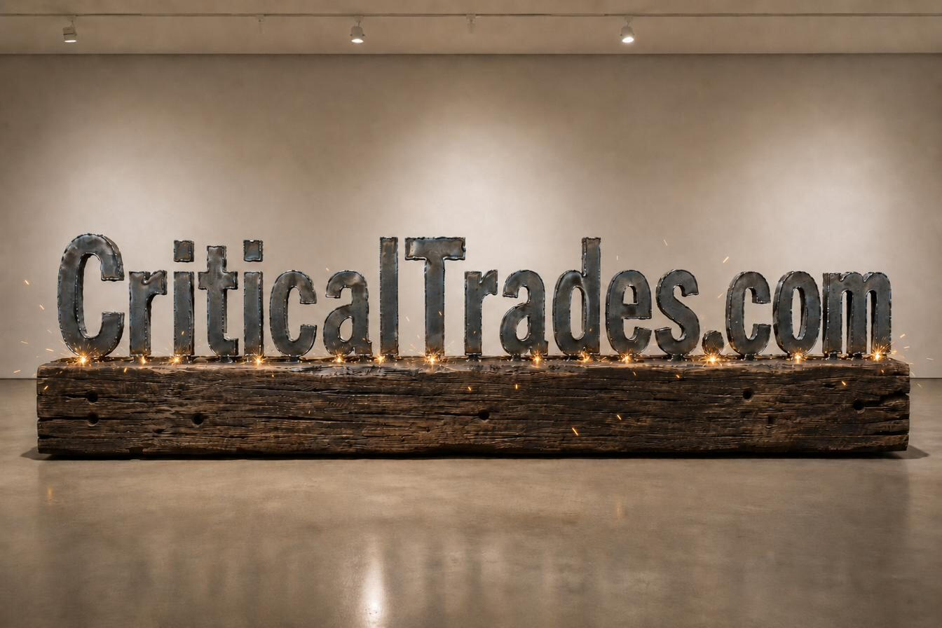 CriticalTrades.com — torch-cut steel letters welded upright to a massive reclaimed oak beam, live weld sparks burning along its base in a dim gallery.