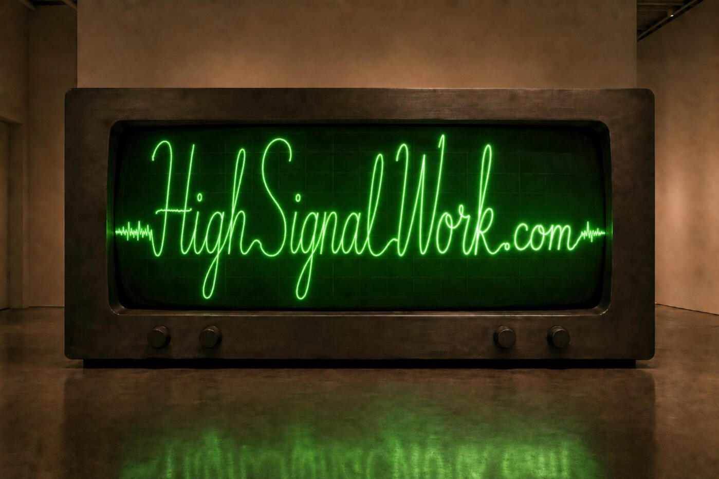HighSignalWork HighSignalWork.com — a monumental laboratory oscilloscope, the name written in one unbroken cursive phosphor-green trace rising out of the noise floor and returning to it behind convex glass.