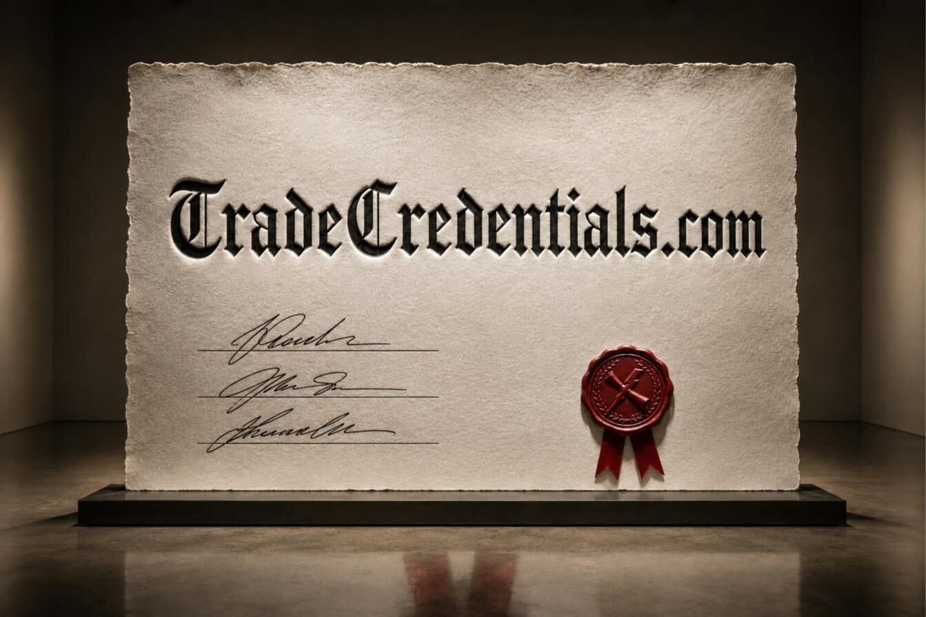 TradeCredentials.com — a monumental diploma, the name pressed in blackletter into deckled cotton paper, three illegible ink signatures at lower left and a crimson wax seal at lower right.