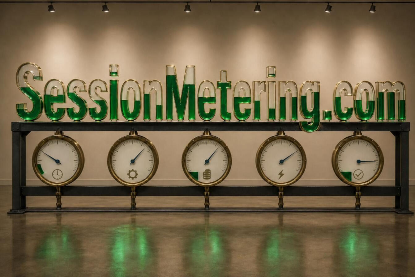 SessionMetering.com — hollow brass-edged glass letters filled to varying levels with luminous emerald liquid, standing on a dark steel rack of five blank-faced brass gauges with blued needles.
