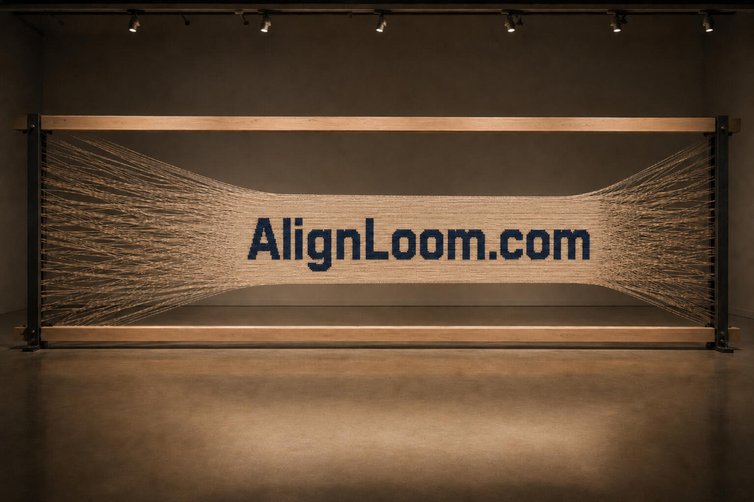 AlignLoom.com — a wide weaving frame of blackened iron and pale ash: linen threads enter splayed at the left, funnel into a band of finished cloth where the name stands woven in deep indigo, then spread loose again at the right.