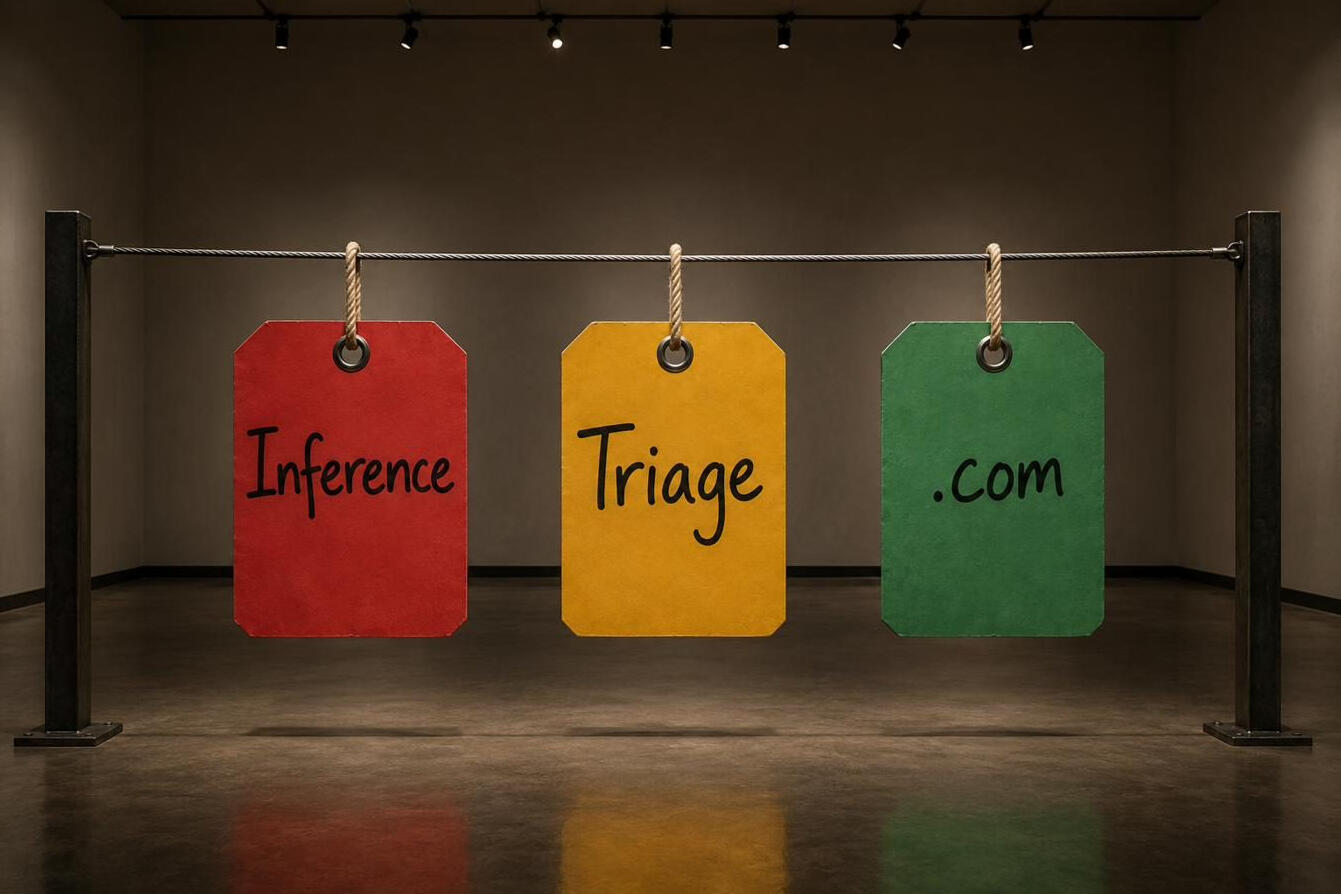 InferenceTriage InferenceTriage.com — three monumental hospital triage tags hung from a taut steel cable, hand-lettered in black marker on emergency red, warning amber, and cleared green.