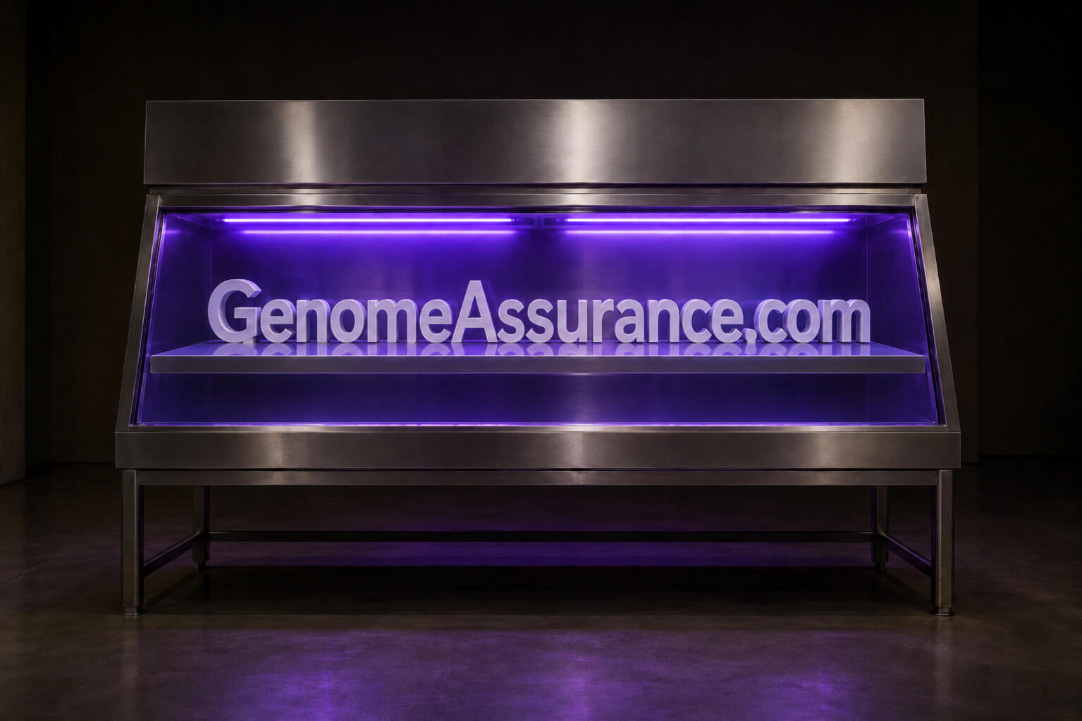 GenomeAssurance.com — glazed white porcelain letters raised on a stainless platform inside a sealed biosafety cabinet, the chamber flooded with germicidal violet light behind its glass sash.