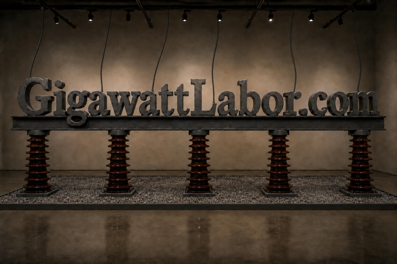 GigawattLabor.com — cast-iron letters bolted along a steel bus beam, carried on five amber-glazed porcelain insulator columns above a bed of crushed ballast.