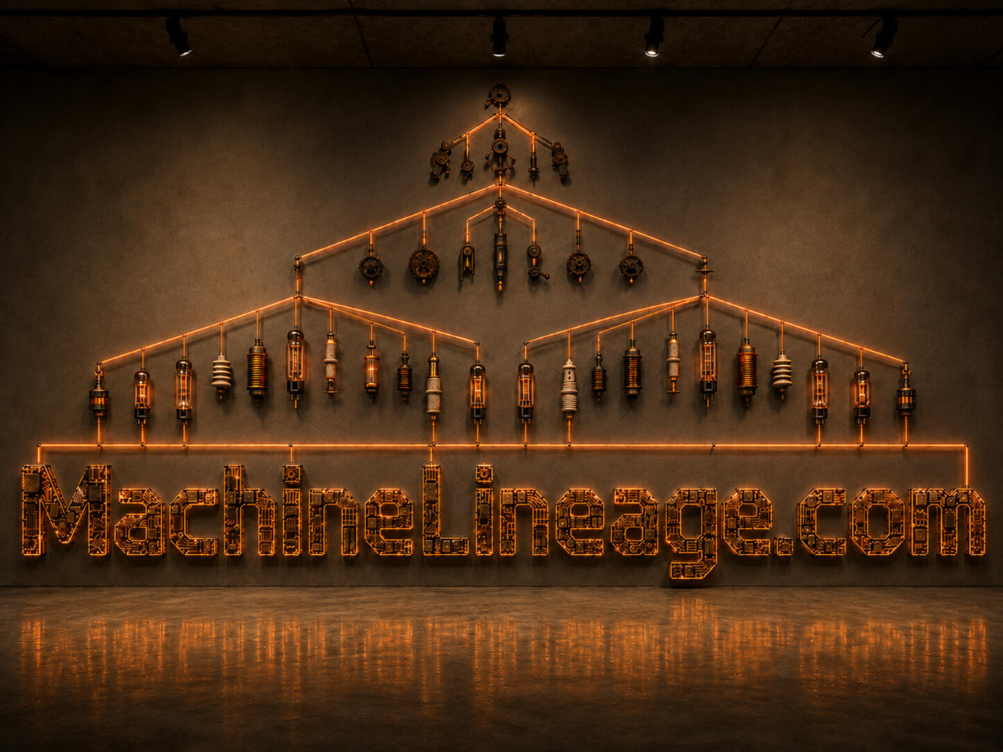 MachineLineage.com — a branching copper armature descending through three eras of material, crude iron to early electrical to modern silicon, converging at the name in circuit-board lettering.