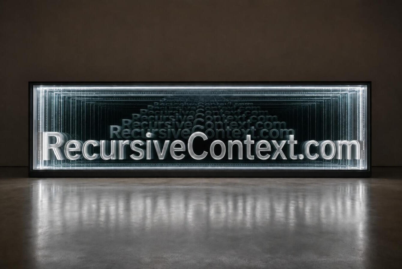 RecursiveContext.com — an infinity mirror light box in a thin black steel frame, machined titanium letters repeating smaller and dimmer as they climb toward a vanishing point in the upper dark.