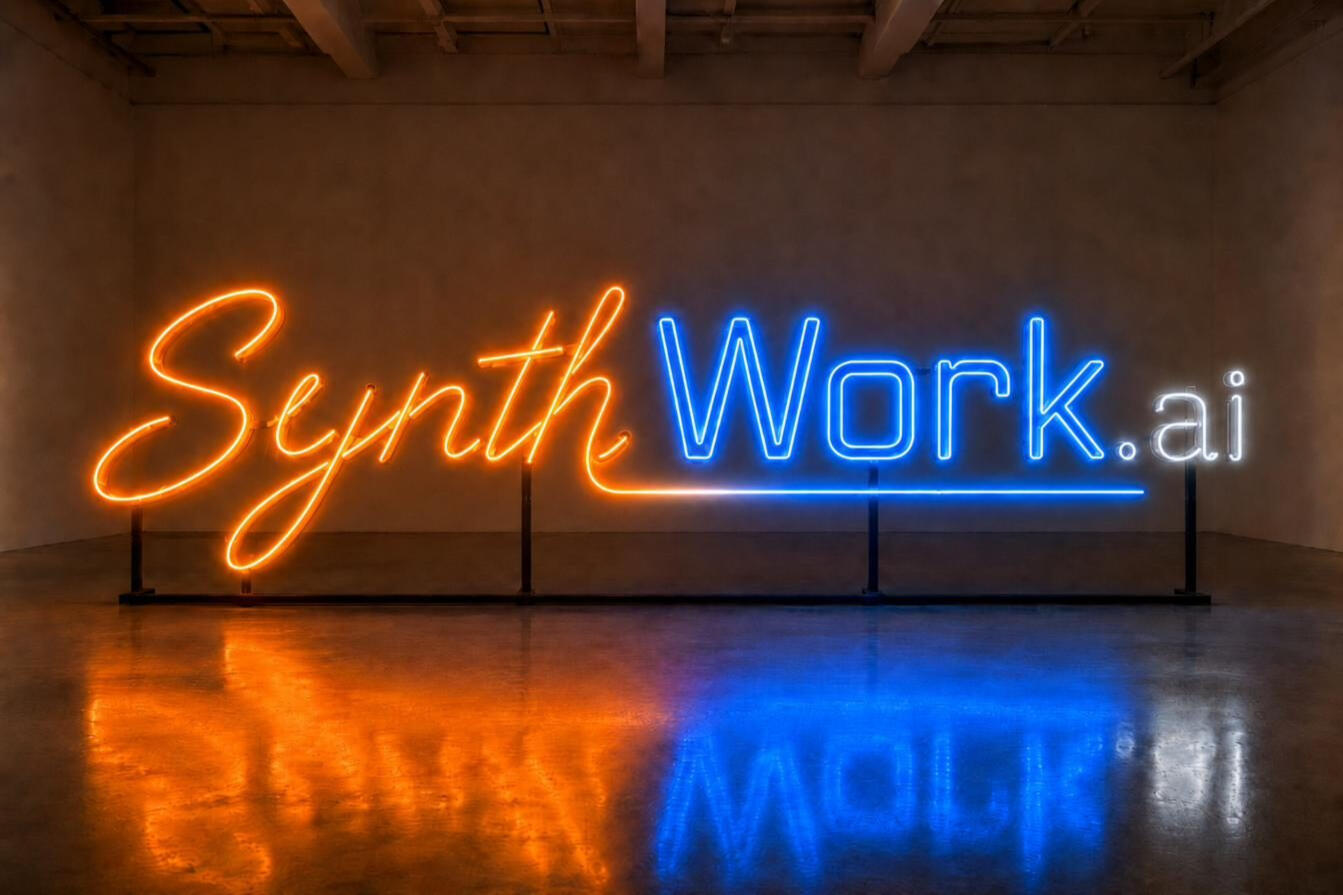 SynthWork.ai — "Synth" in amber cursive neon flowing into "Work" in blue machine monospace, joined by one gradient underline, reflected in a polished floor.