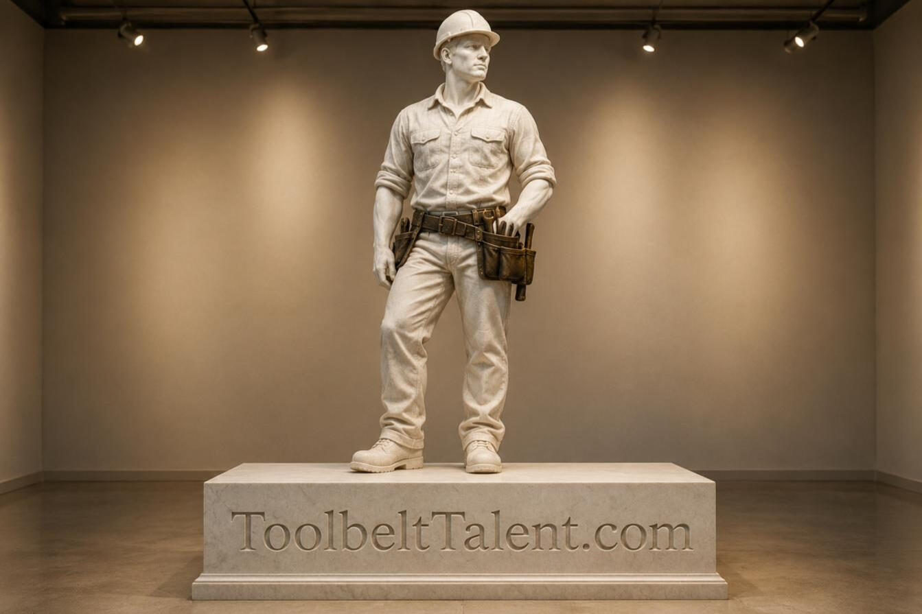 ToolbeltTalent.com — a heroic Carrara marble statue of a modern tradesman in hardhat and boots, his toolbelt cast in weathered bronze, the name chiselled in Roman capitals across the pedestal.