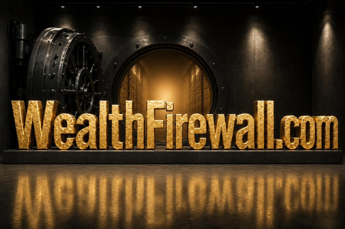 WealthFirewall.com — hammered gold letters on a dark steel plinth, standing before an open near-black bank vault with gilded deposit boxes glowing within.